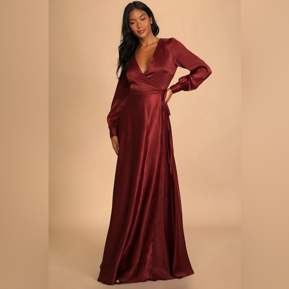 LULU’s Burgundy Satin Button Sleeve Wrap Maxi Dress